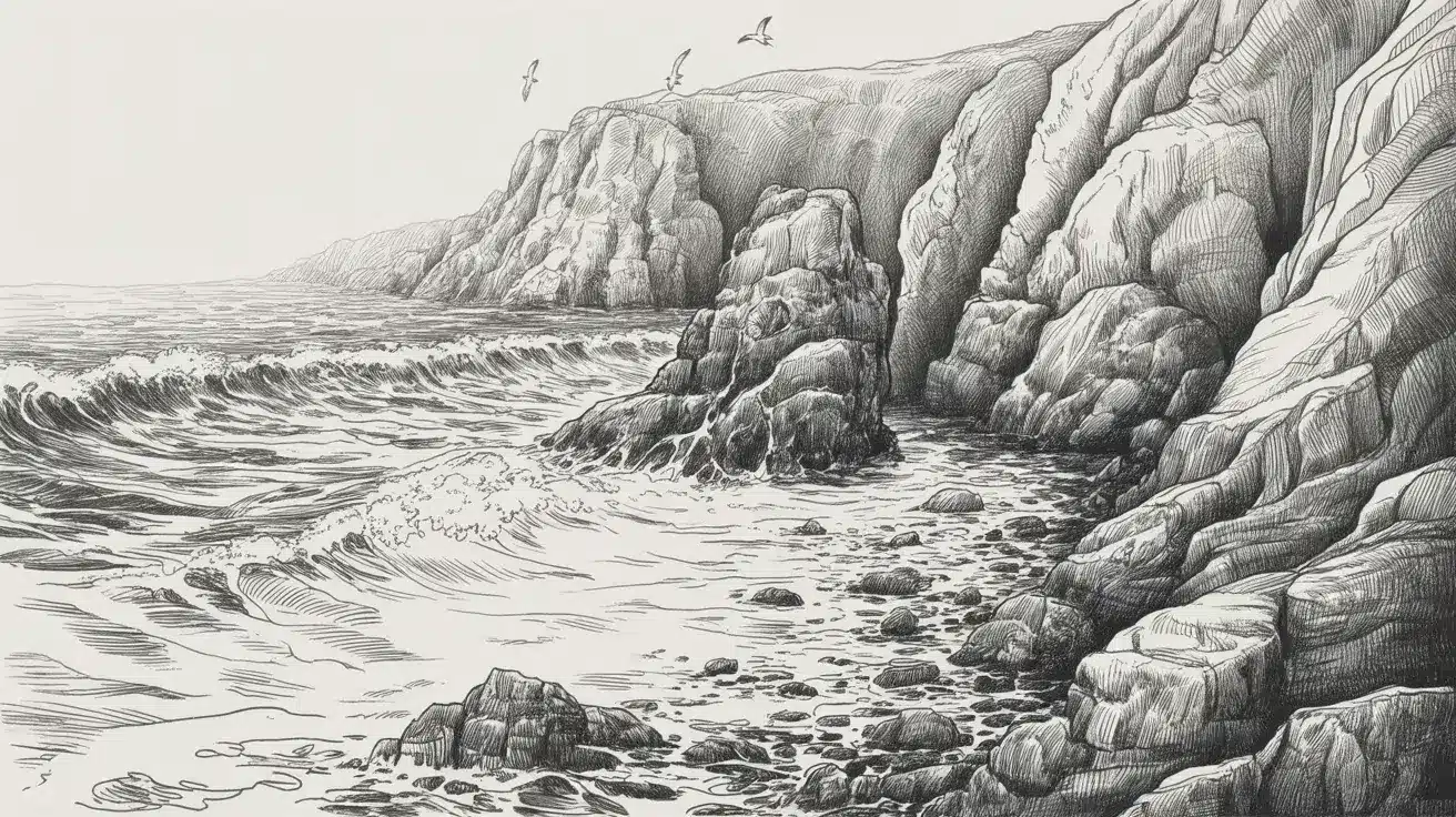 Pencil sketch of a rugged coastline with waves crashing against rocky cliffs and seabirds flying above