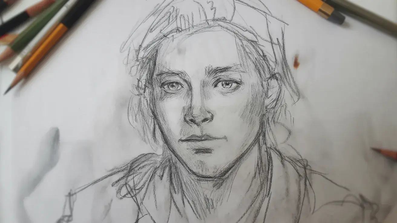 Pencil sketch of a self-portrait showing a contemplative expression