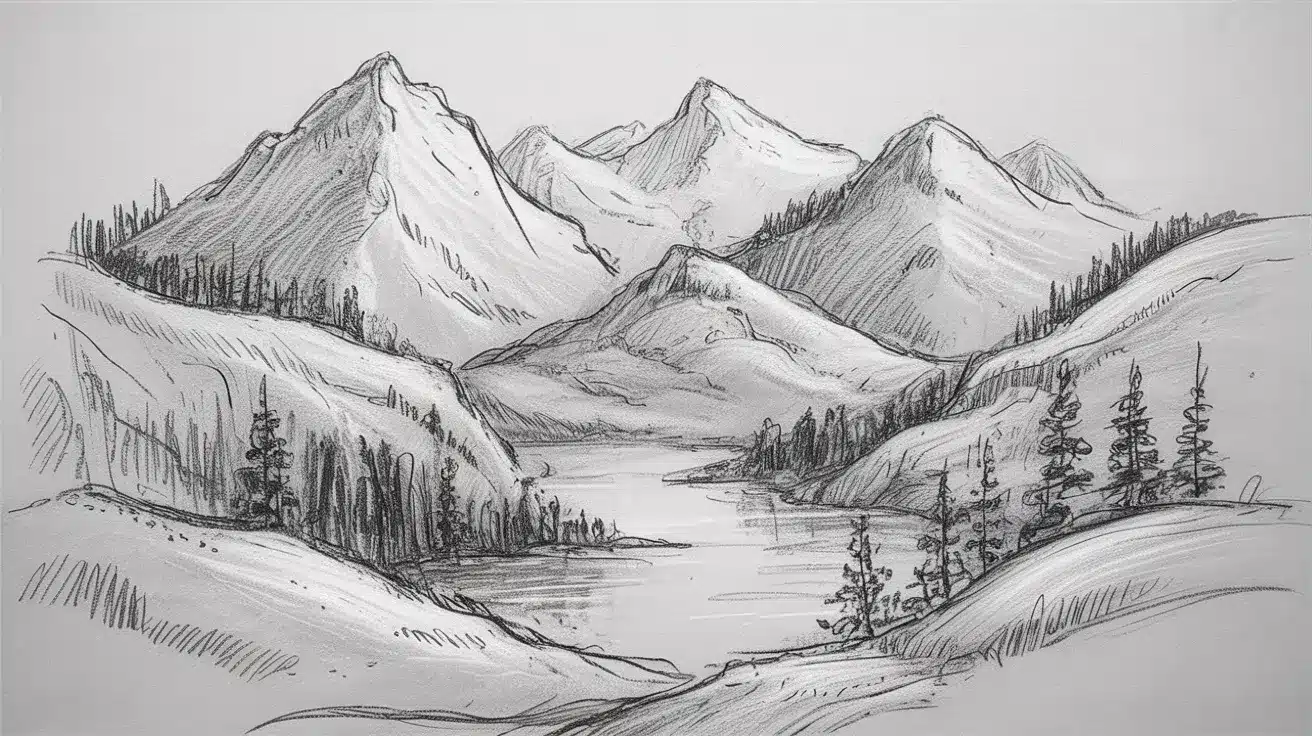 Pencil sketch of a serene mountain landscape with peaks, trees, and a calm lake