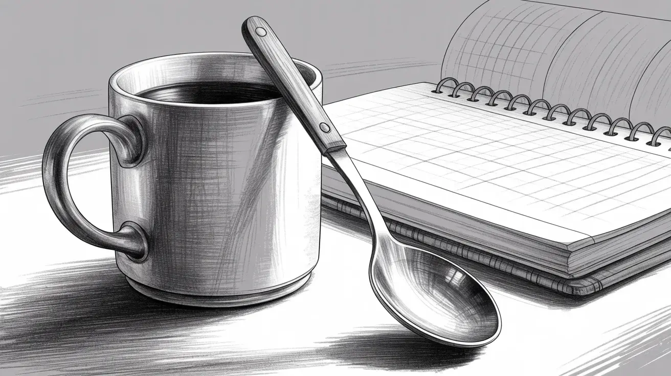 Pencil sketch of everyday objects including a coffee cup, spoon, and notebook, with detailed shading and reflections
