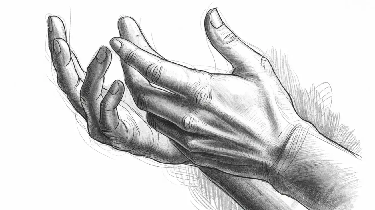 Pencil sketch of two hands in a gentle, open position with detailed shading and realistic proportions