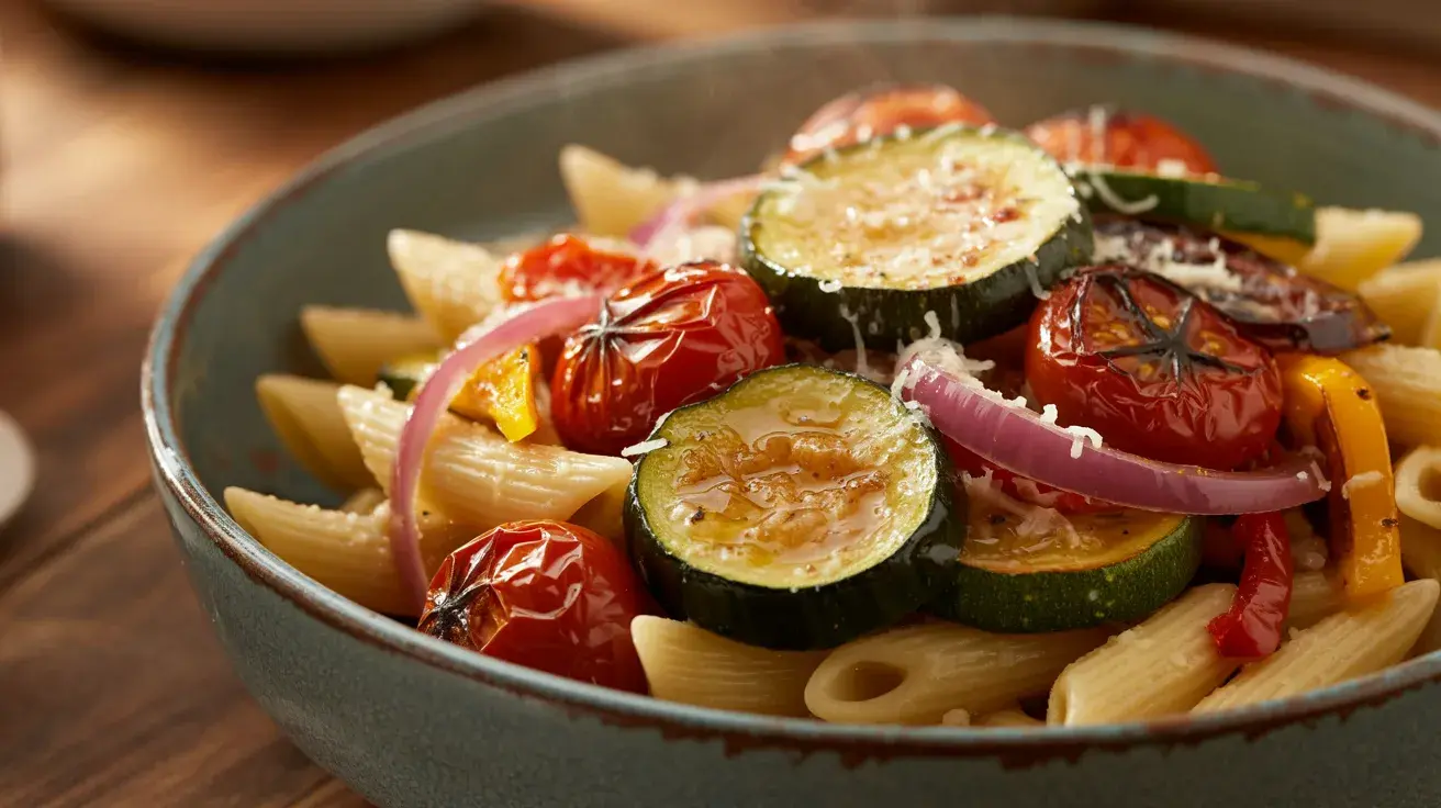 Penne pasta with grilled zucchini, cherry tomatoes, red onion, and grated cheese