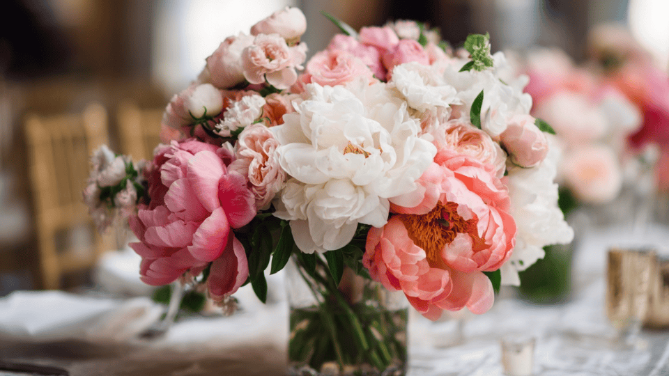 Peonies used in wedding centerpieces, aisle decor, and ceremony arrangements for a romantic look.