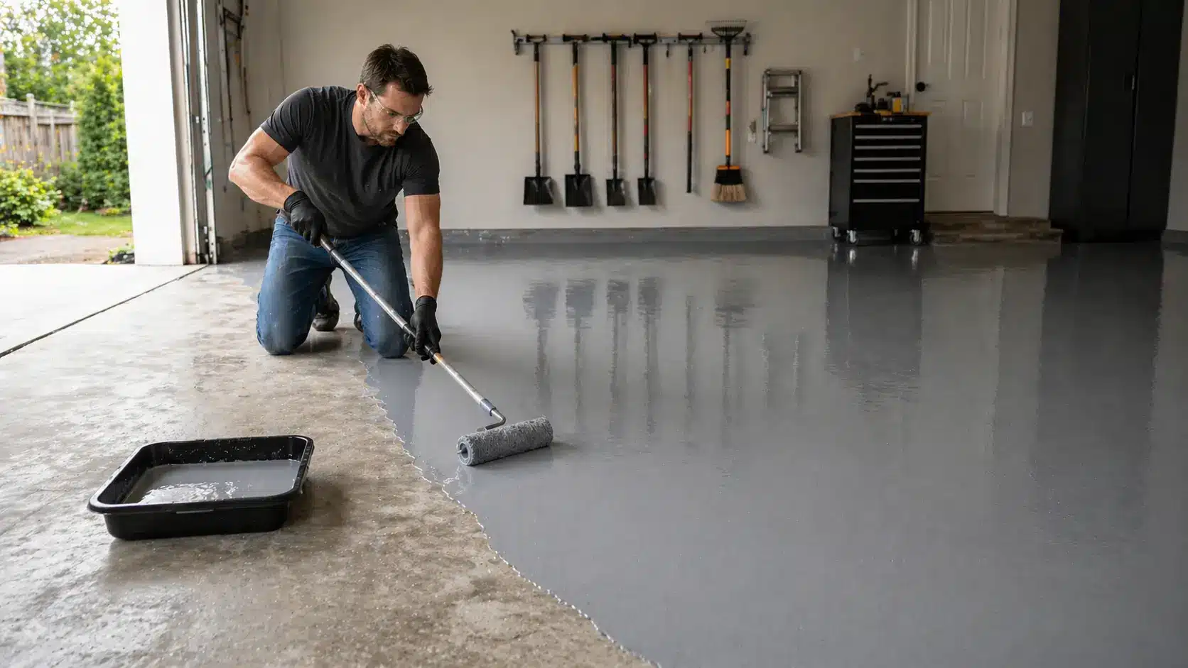 Person applying epoxy to garage floor with roller, wet glossy coating visible in sections