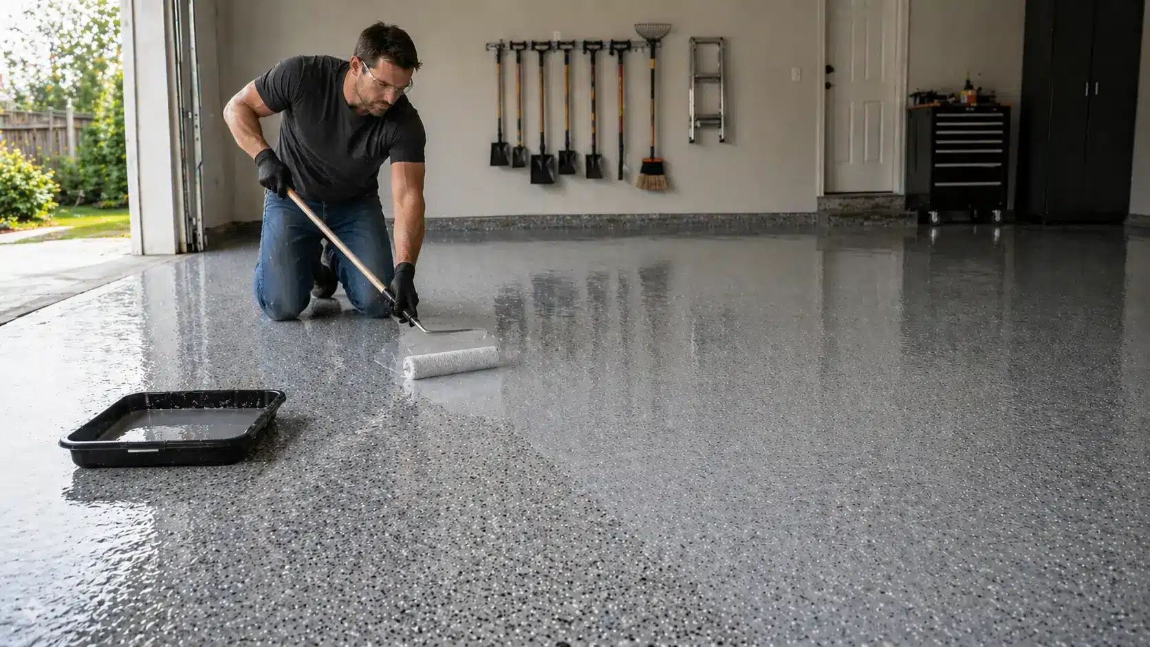 Person rolling clear topcoat over epoxy floor, showing glossy protective layer being applied