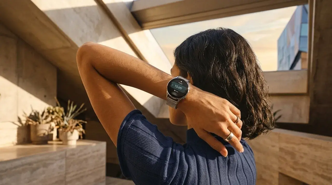 Person wearing a smartwatch, adjusting hair, in a sunlit modern interior with plants.