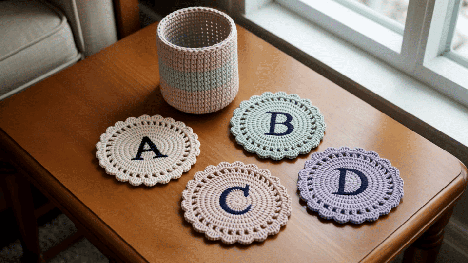 Personalized crochet coaster set with letters and matching holder on table