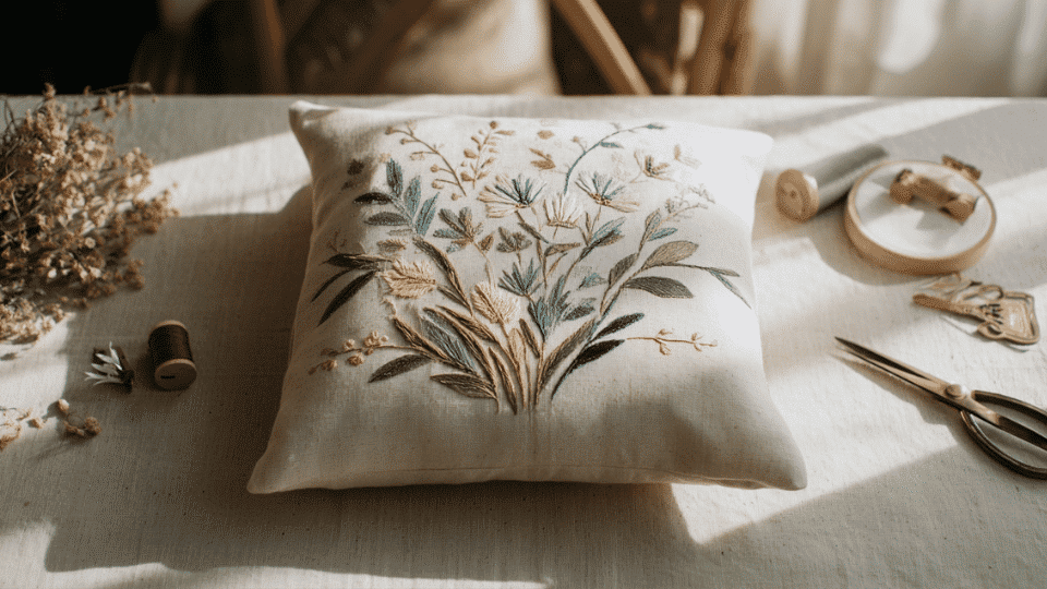 Embroidered pillow cover on a table with hoop, thread, needle, fabric pen, and scissors.