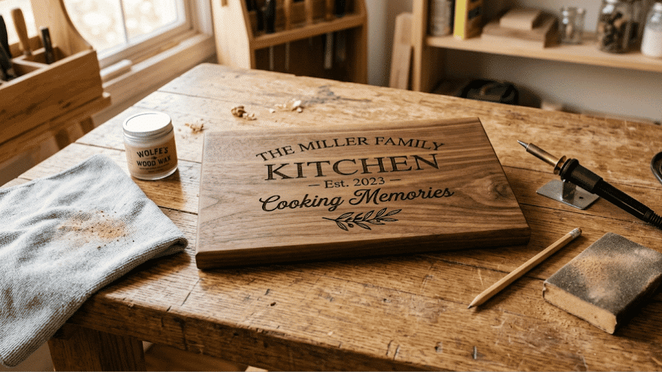 Engraved cutting board on a table with wood-burning pen, pencil, sandpaper, and cloth.