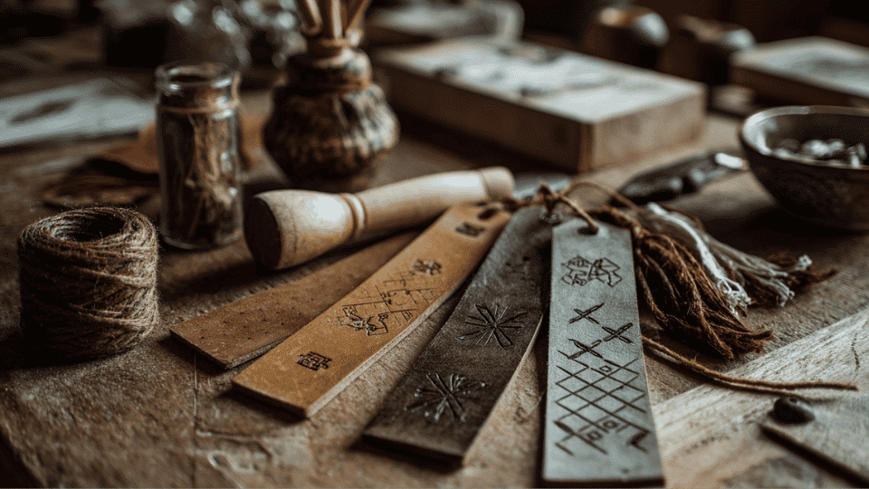 Leather bookmarks on a table with stamps, hammer, hole punch, and ribbons.