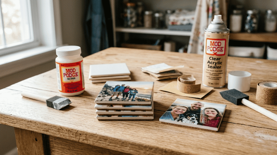 Photo coasters on a table with cork tiles, printed photos, Mod Podge, and sponge brush.