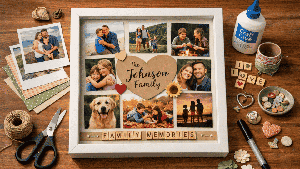 shadow box photo collage on a table with printed photos, glue, scissors, and decorative paper.