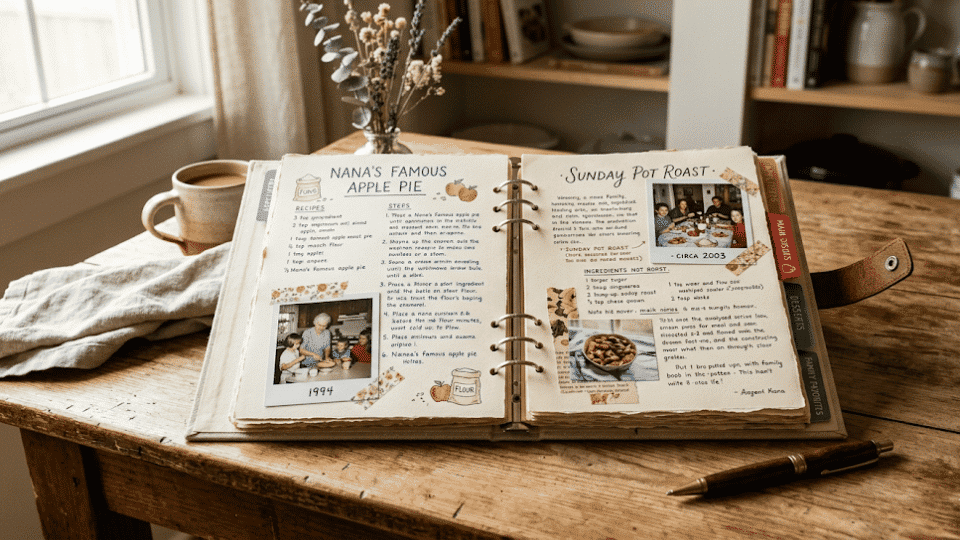 Personalized recipe book on a table with recipe pages, photos, dividers, and decorative paper.