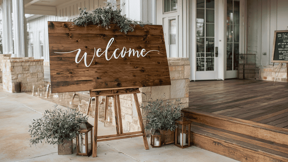 Personalized wedding signage with wooden, acrylic, and chalkboard designs, adding charm to the venue.