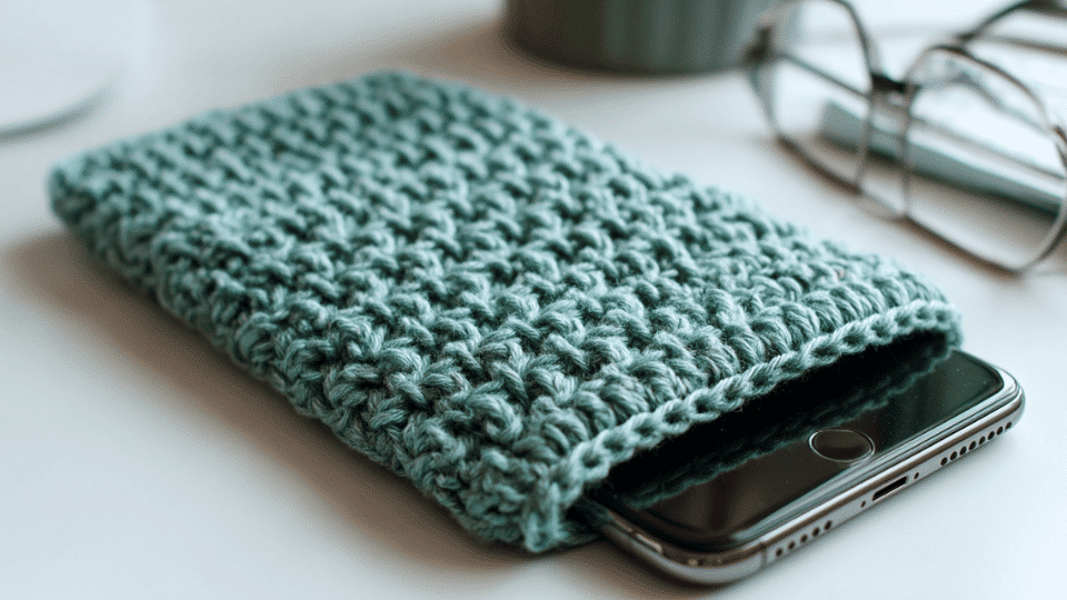 Crochet phone or tablet sleeve with device partially inserted showing neat stitches