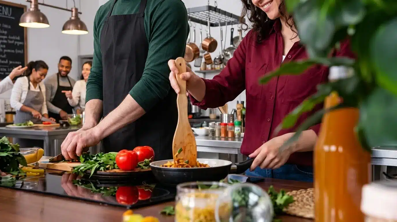 Photo of a couple cooking together in a bright kitchen