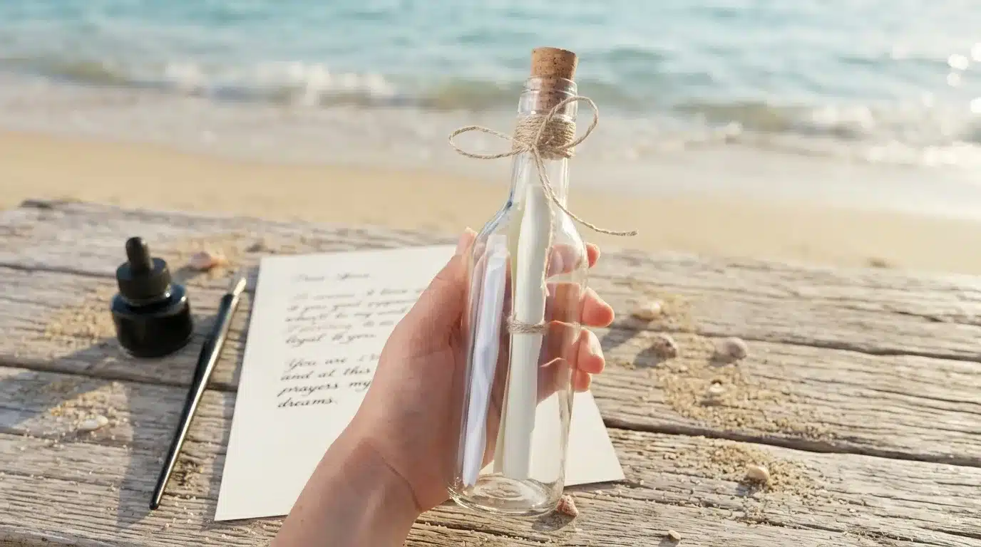 Photo of a handwritten love letter rolled inside a glass bottle on a table with soft natural light