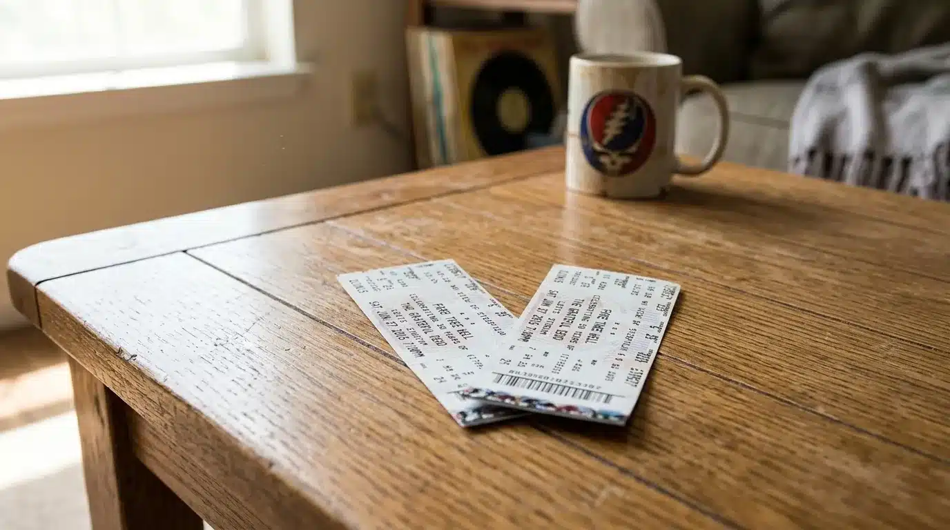 Photo of concert or event tickets on a table, soft natural lighting