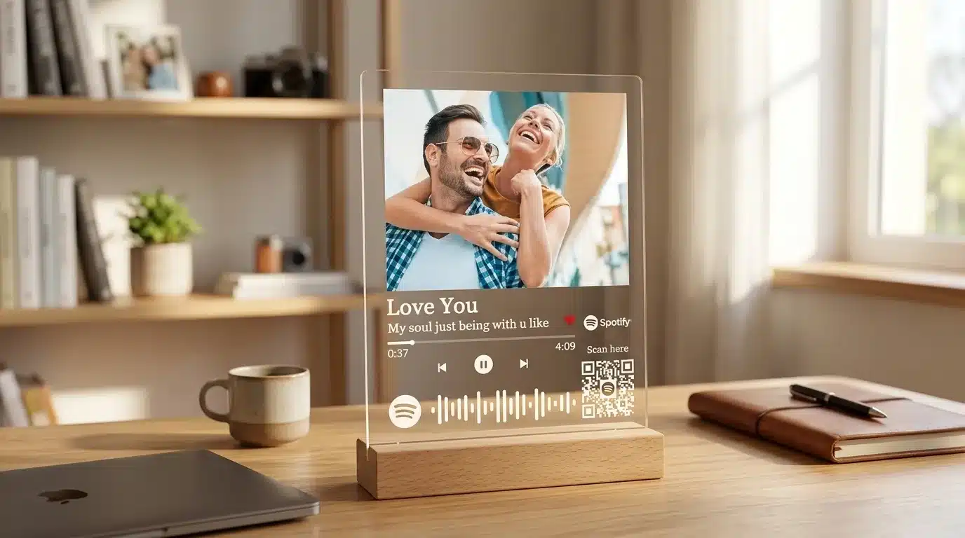 Photograph of a custom Spotify photo frame on a desk, QR code and photo visible, natural light