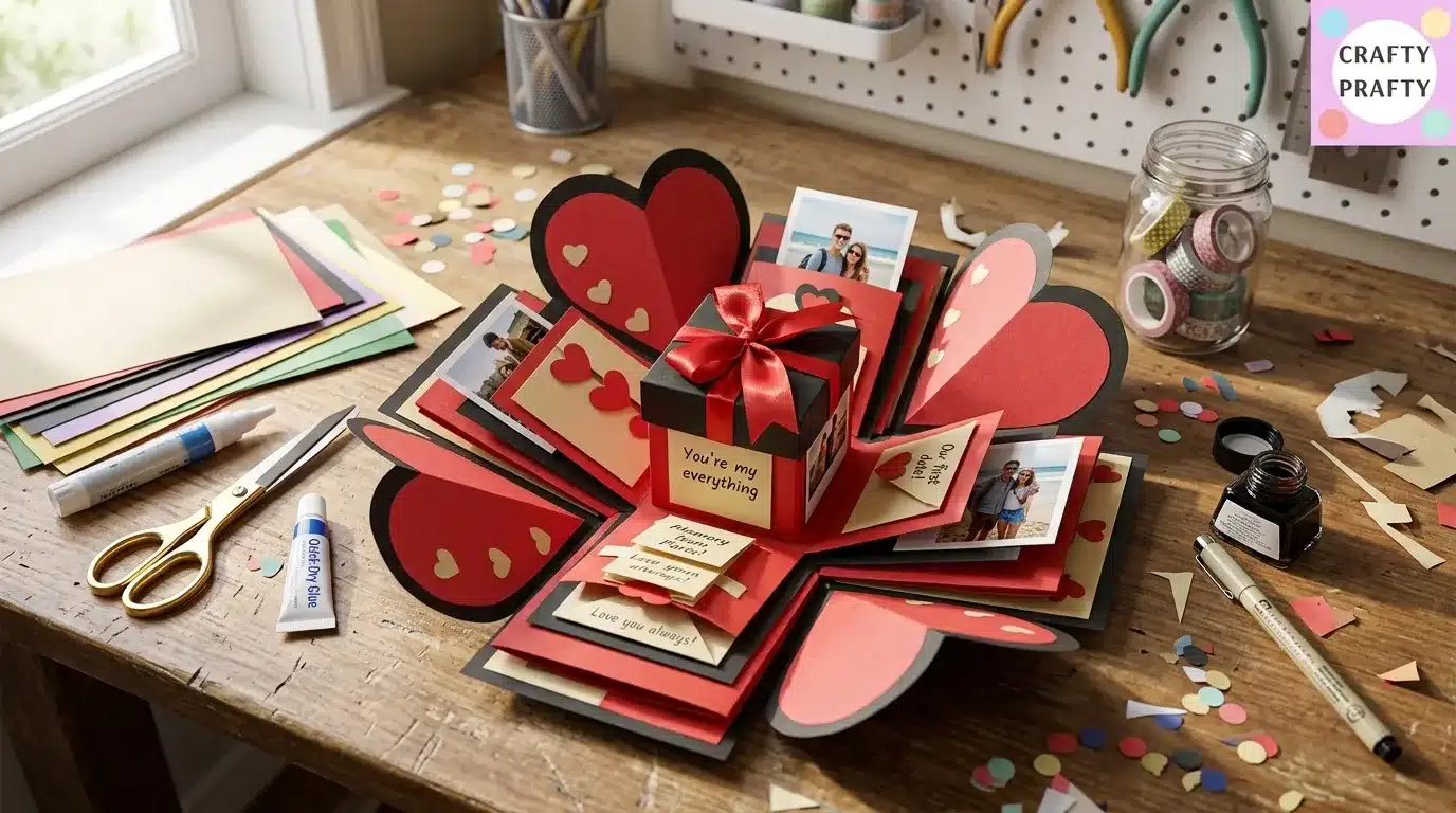 Photograph of a layered handmade explosion box on a craft table