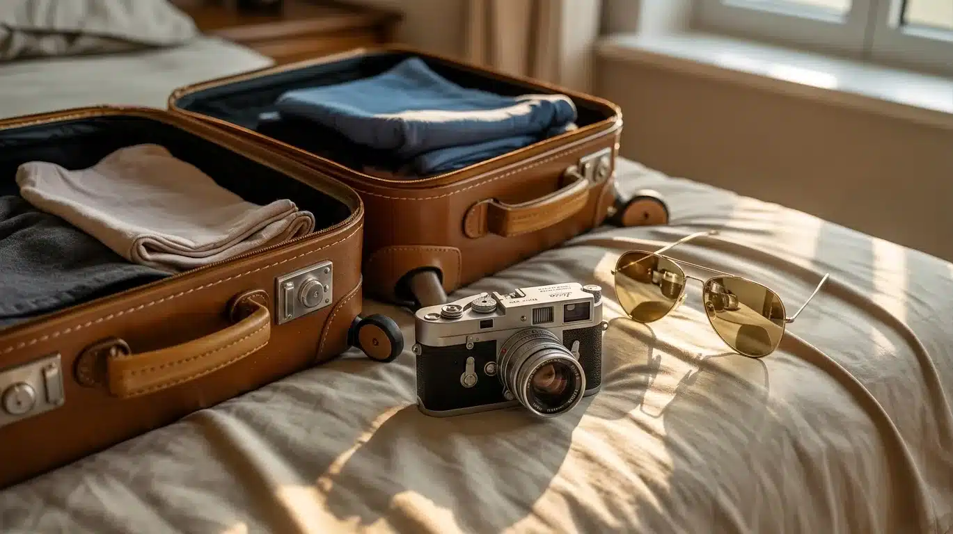 Photograph of travel items for a weekend getaway- suitcase, camera and sunglasses.