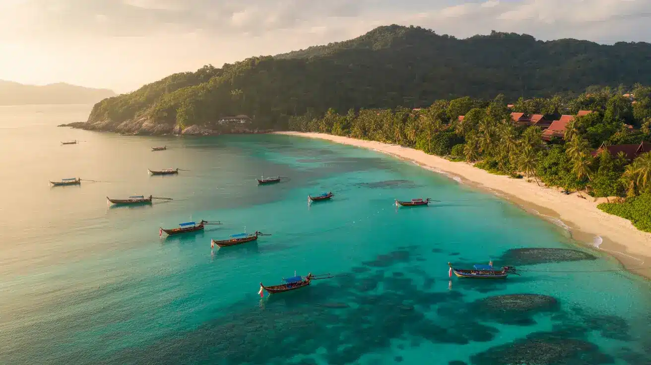 Phuket, Thailand, with traditional boats anchored in the turquoise waters