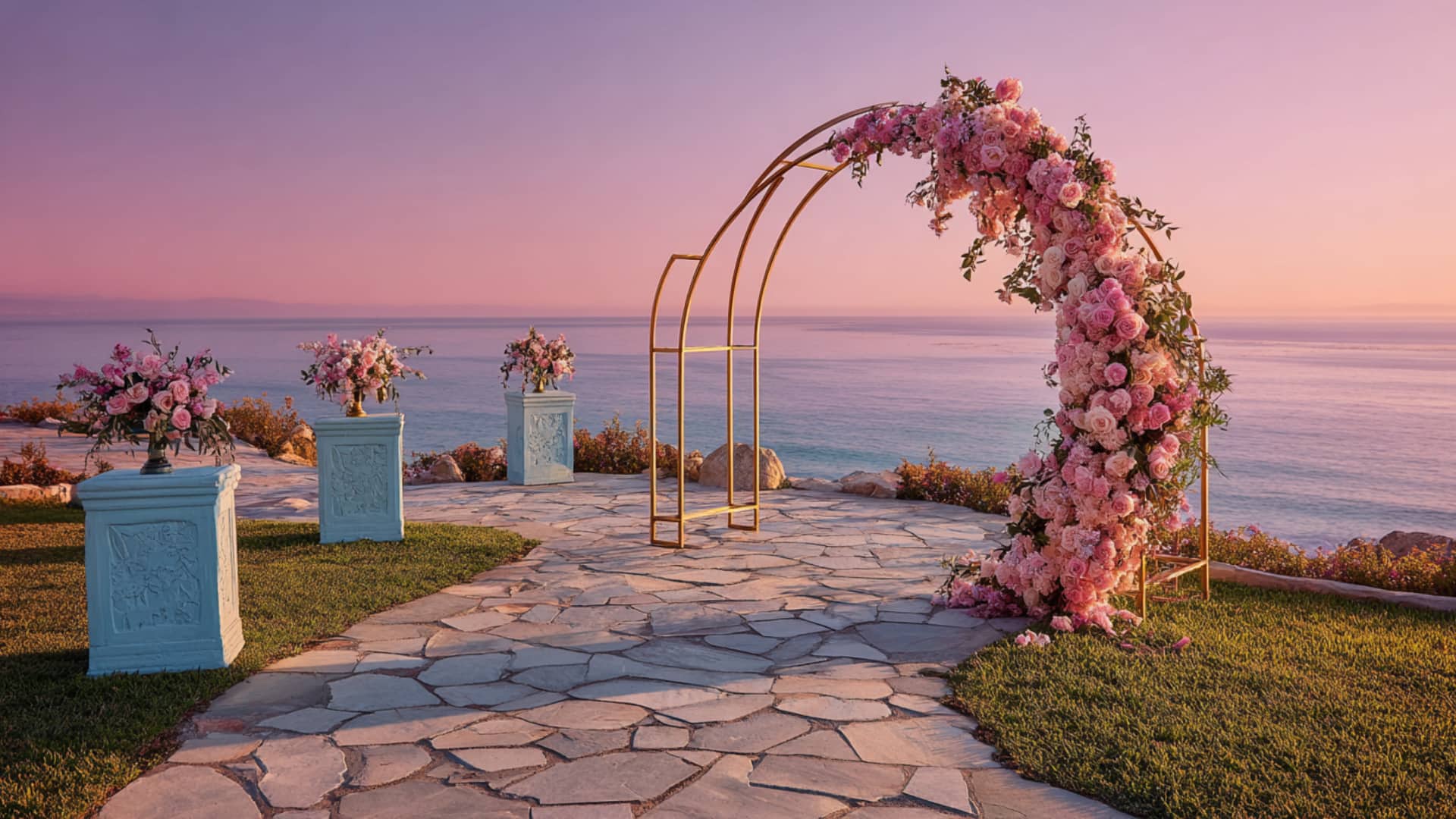 Pink floral wedding arch on seaside stone aisle at sunset with sea view beyond.