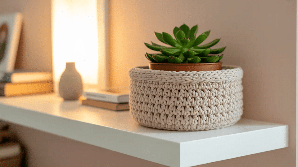 Crochet plant basket holding a small potted plant on a shelf with sunlight