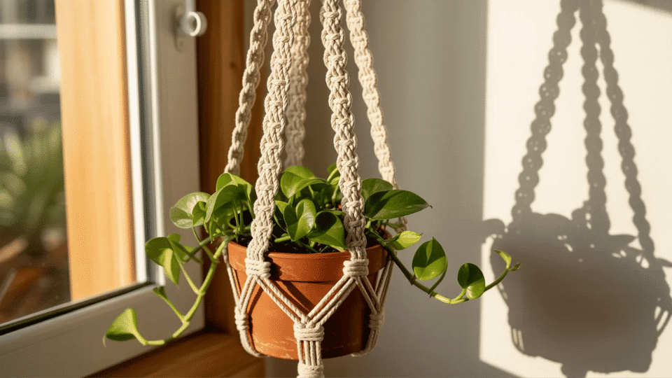 Crochet plant hanger holding a small potted plant near a sunny window