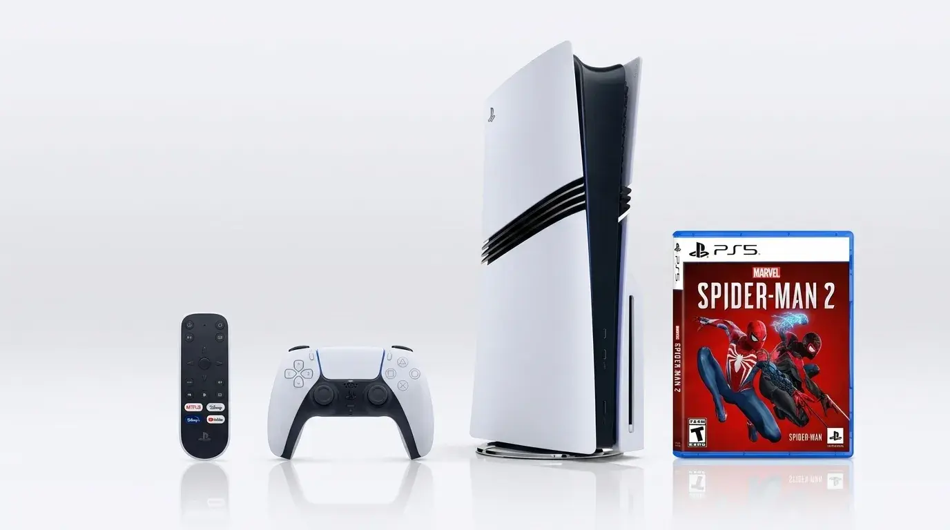 PlayStation 5 console with controller, remote, and Spider-Man 2 game.