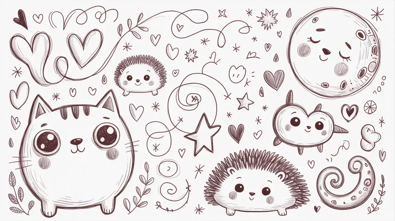 Playful freeform doodle featuring a cat, hedgehogs, a smiling moon, hearts, stars, and whimsical swirls