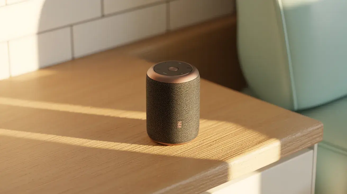 Portable smart speaker on a wooden table with sunlight and a chair nearby.