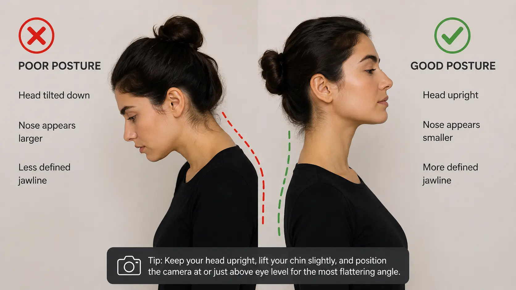 Posture comparison showing head-down and upright head positions