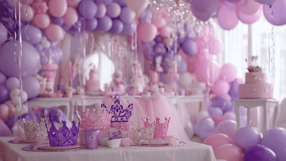 Princess birthday party setup with pink decorations, crowns, and balloons
