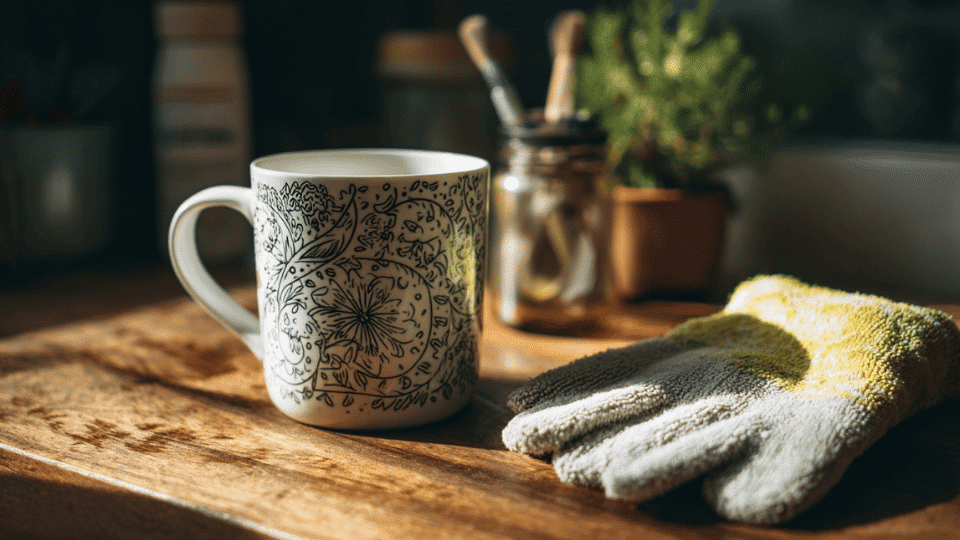 painted mug on a table with Sharpie markers and oven mitt nearby.