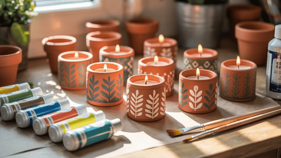 Painted terra-cotta candle holders on a table with paint, brushes, sealant, and tea lights.