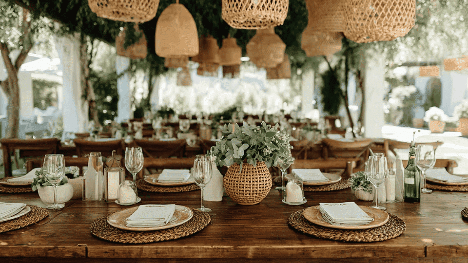 Rattan and wicker accents in wedding decor, including chargers, pendant lights, and woven placemats