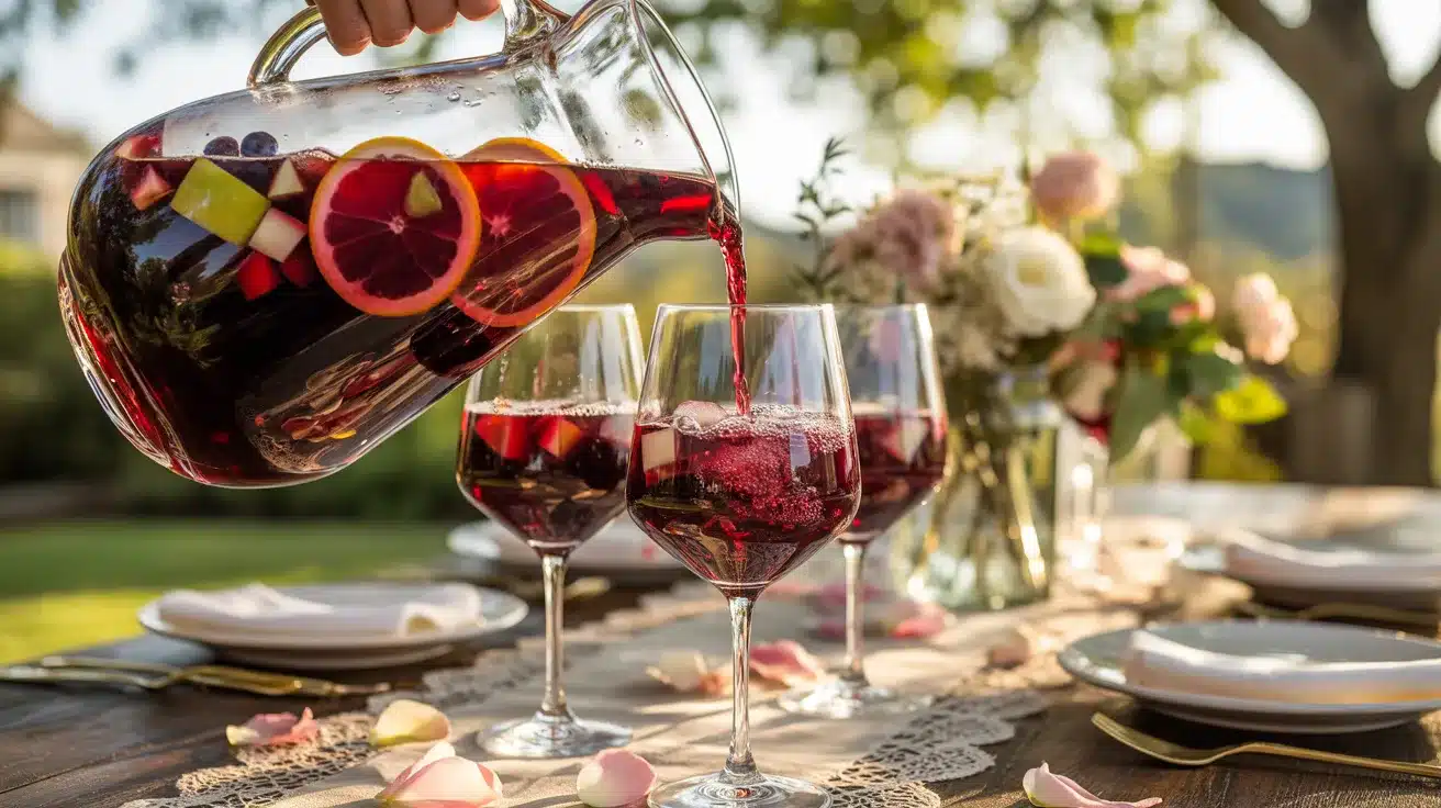 Red wine sangria with fresh fruit served in glasses