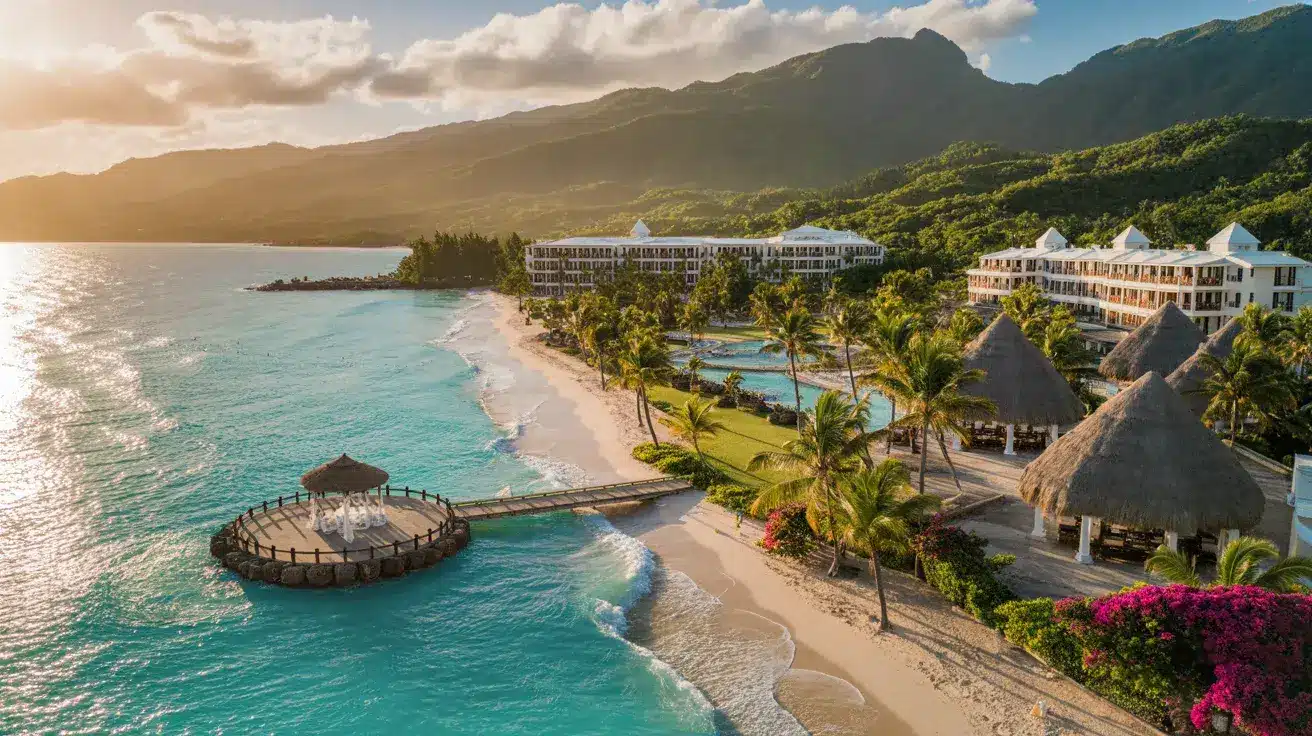 Resort in the Caribbean, with a sandy beach, clear turquoise waters, a wooden dock leading to a gazebo, and lush mountains