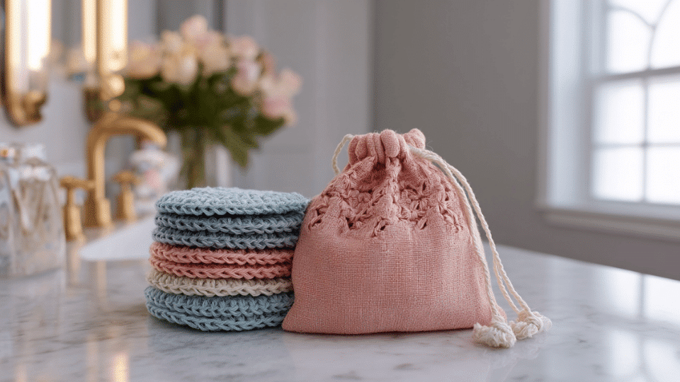 Crochet reusable spa set with facial pads washcloth and pouch on counter