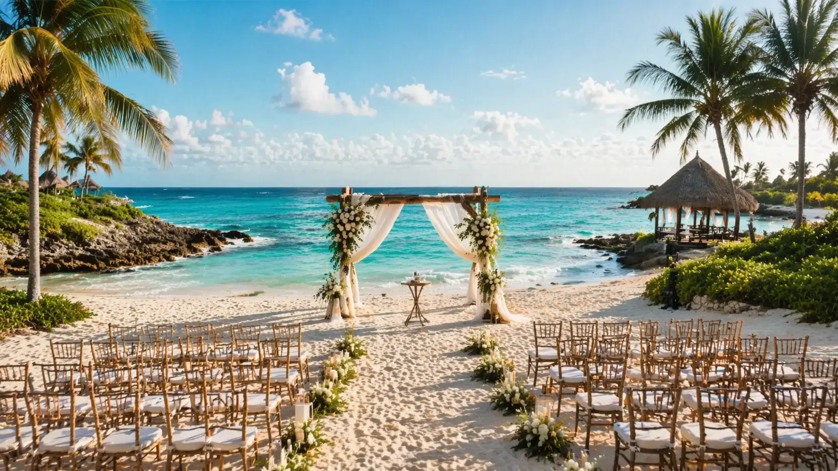 Riviera Maya, Mexico, featuring a wooden altar, floral decorations, and a stunning view of the turquoise ocean and thatched-roof hut.