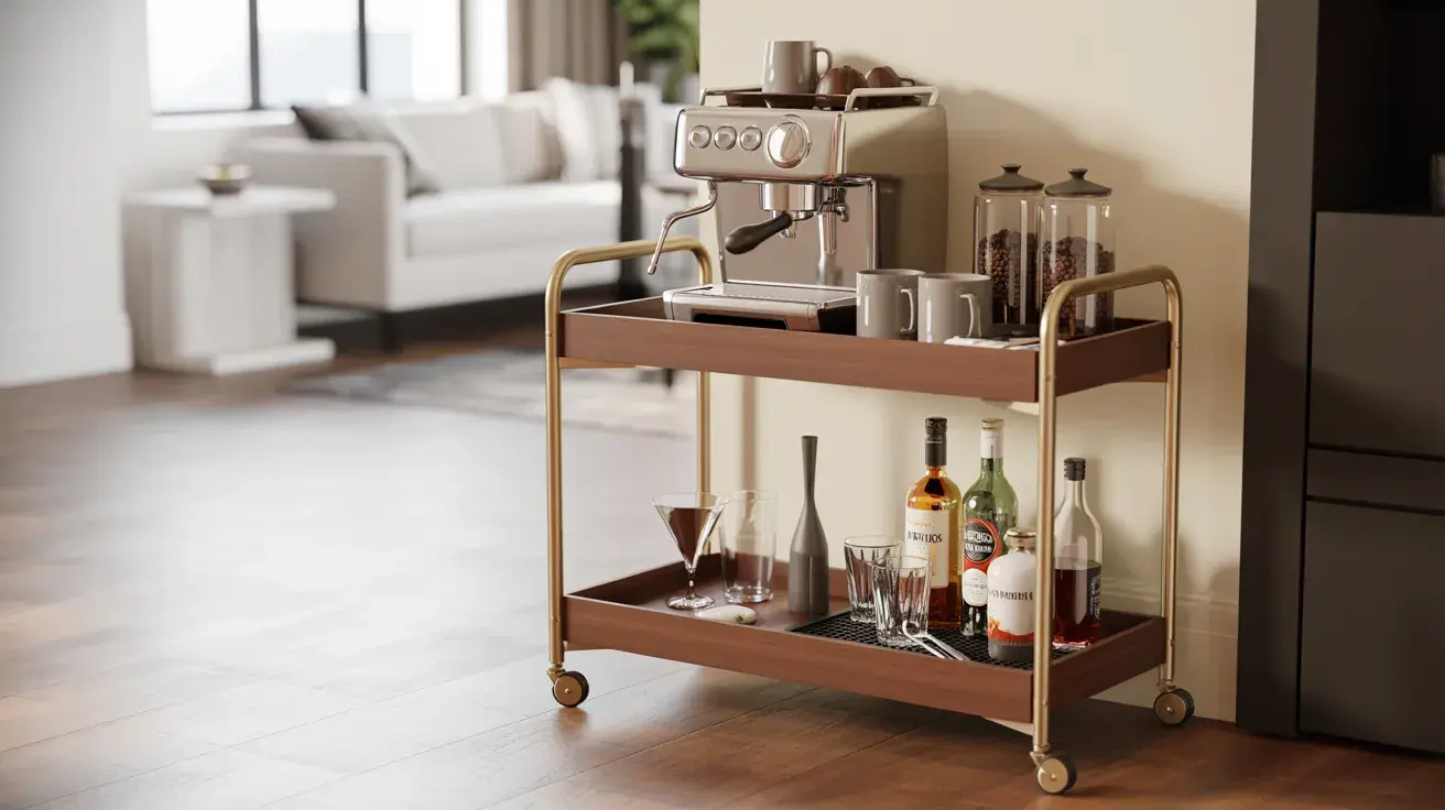 Rolling bar cart styled as a coffee station with an espresso machine, mugs, and glassware in a modern living space