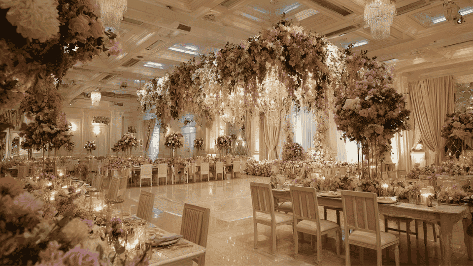 Romantic floral wedding venue with flower arch, garlands and soft lighting