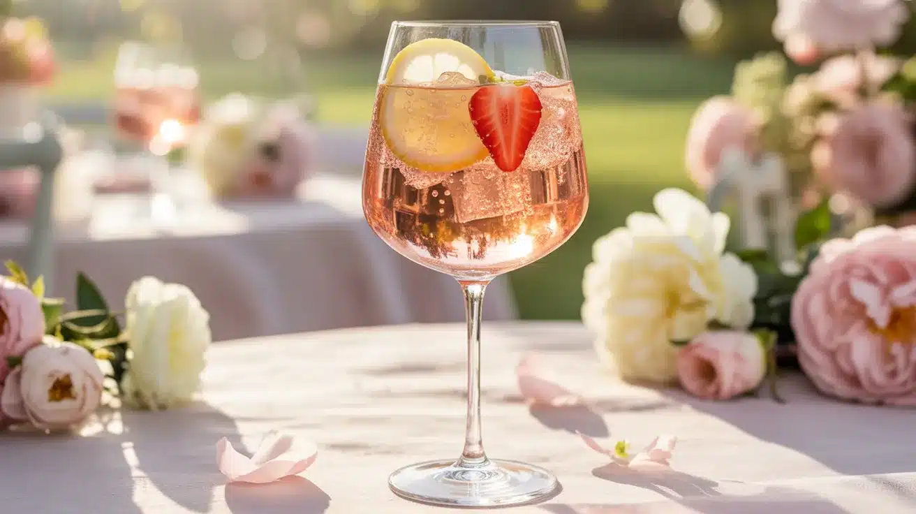 Rosé spritz cocktail with strawberry and lemon garnish served over ice