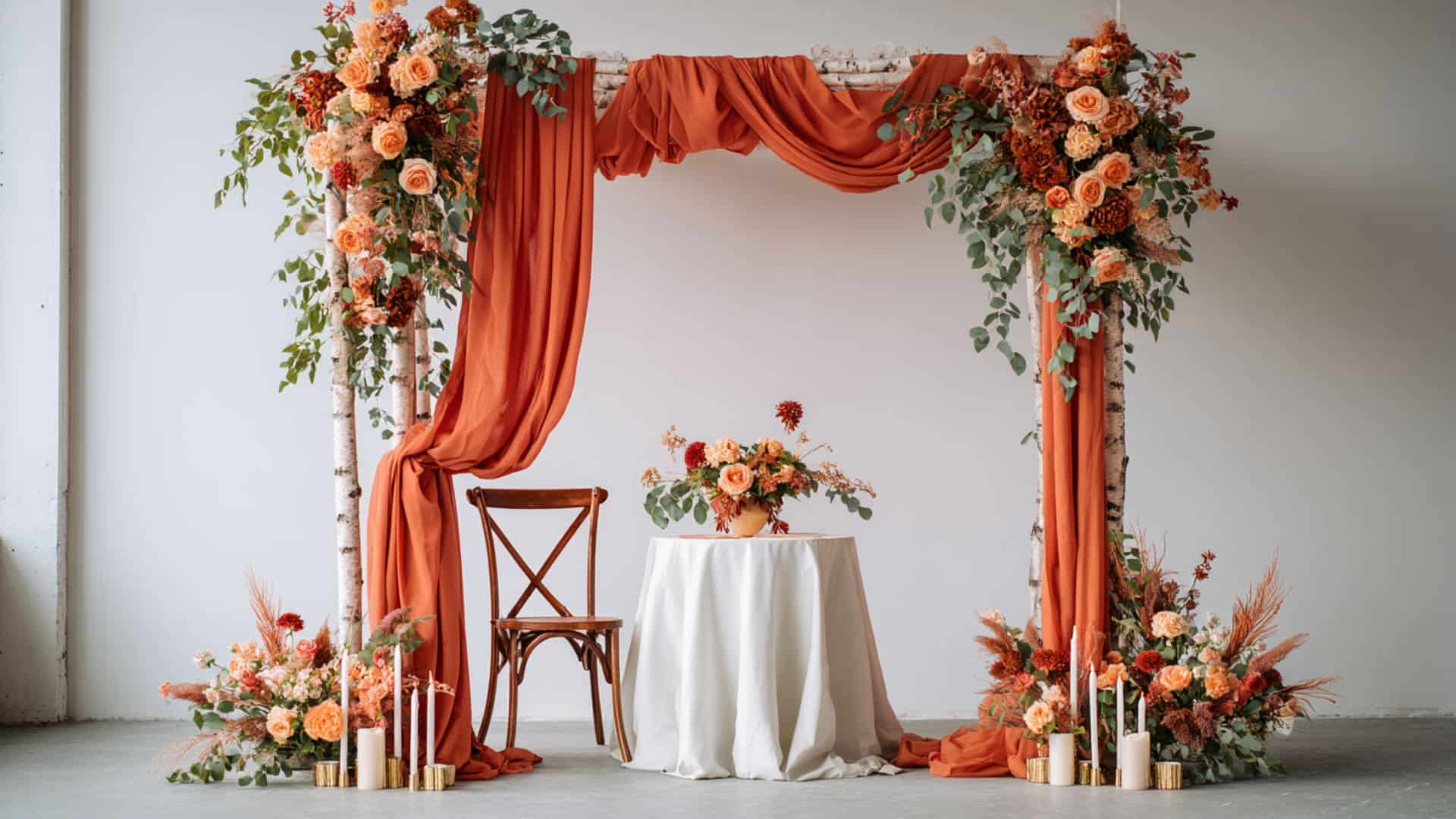 Rust-toned wedding arch with draped fabric, candles, and soft floral accents