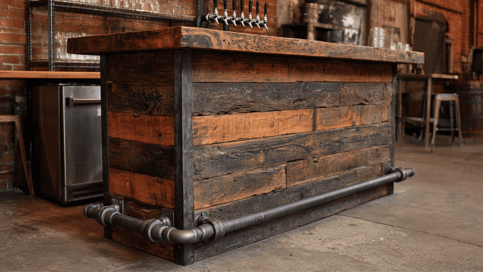 Rustic DIY bar with reclaimed wood, metal accents, and warm lighting in a cozy room.