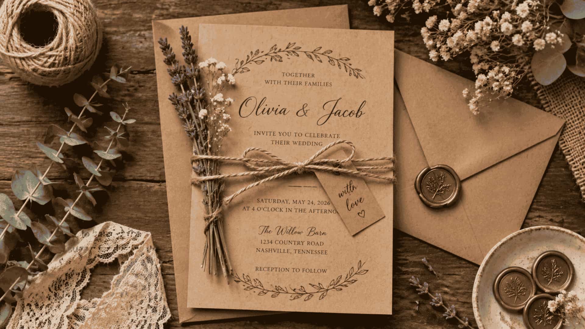 Rustic boho wedding invitation with kraft paper, twine, and dried flowers