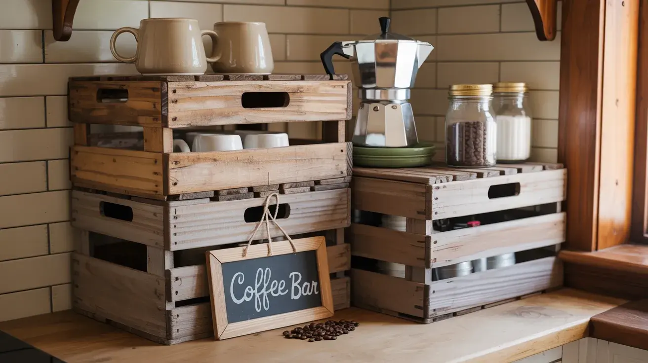 Rustic coffee bar setup with stacked wooden crates, mugs, a stovetop espresso maker, and jars on a kitchen counter