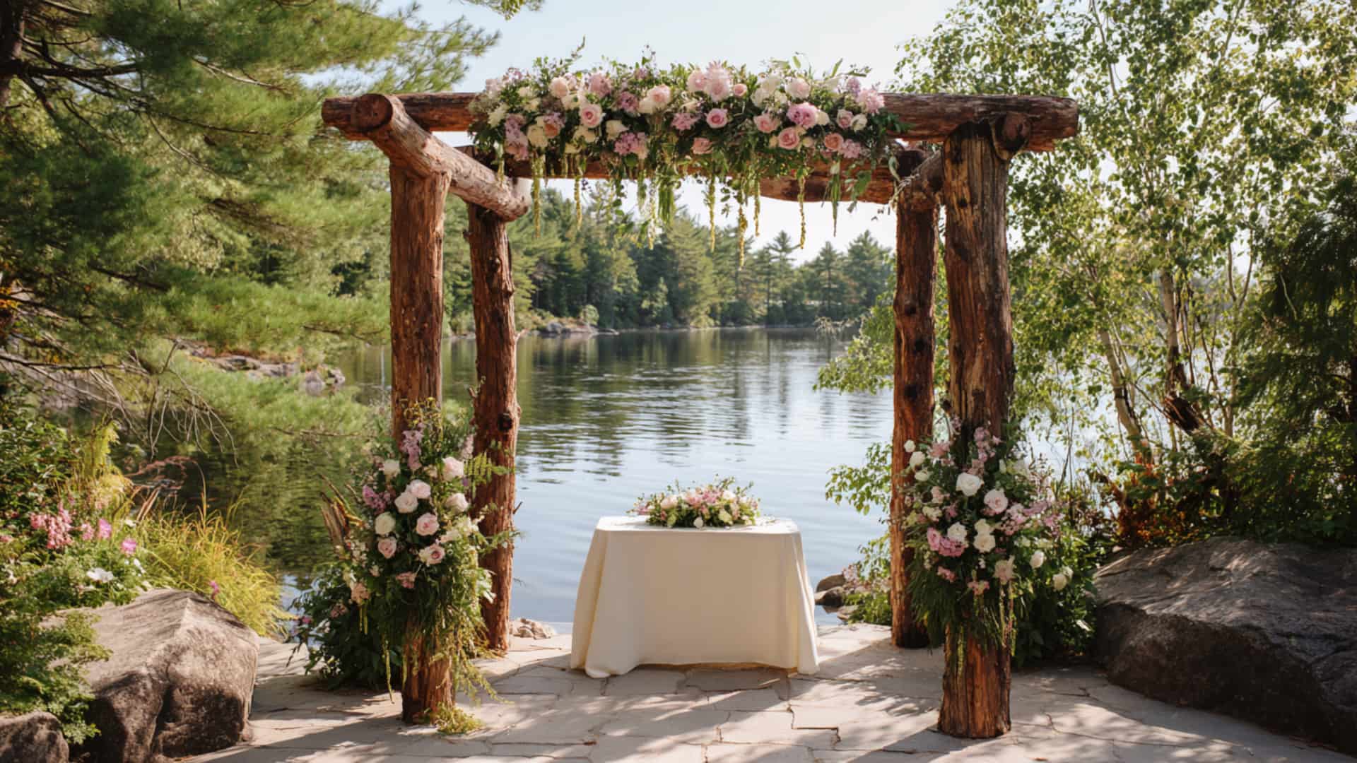 Rustic log wedding arch with flowers beside a calm lake in a forest setting now.