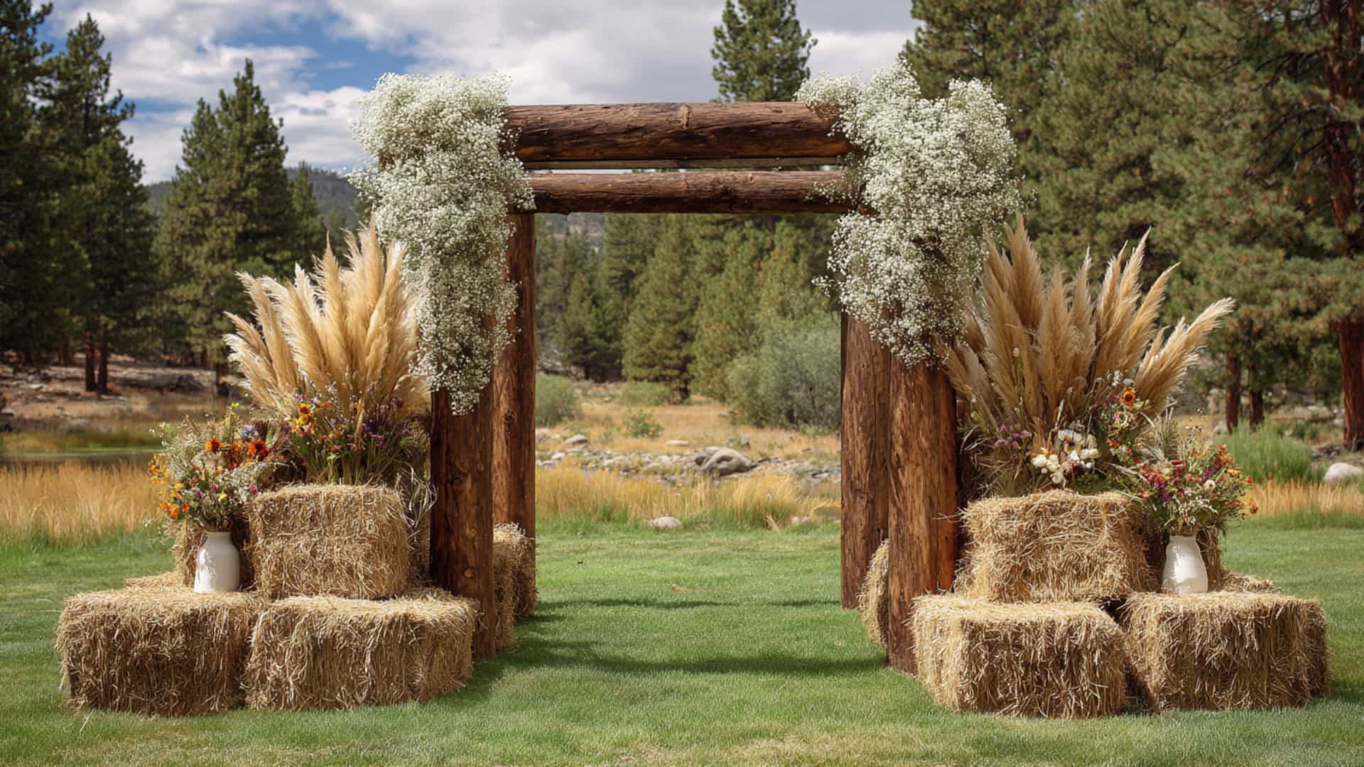 Rustic log wedding arch with hay bales and pampas grass in a forest meadow.